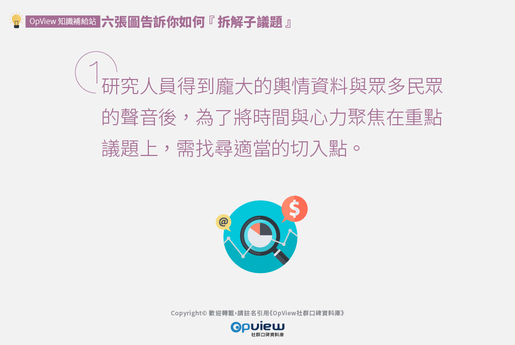 研究人員得到龐大的輿情資料與眾多民眾的聲音後，為了將時間與心力聚焦在重點議題上，需找尋適當的切入點。